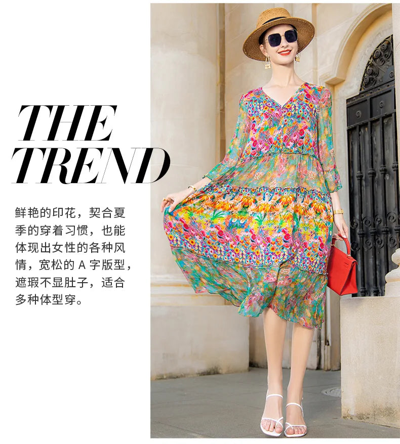 High Quality Summer 2025 Beach Boho Vintage Print Chiffon V Neck Dress Elegant Party Robe Designer Vespids Loose Midi Dress