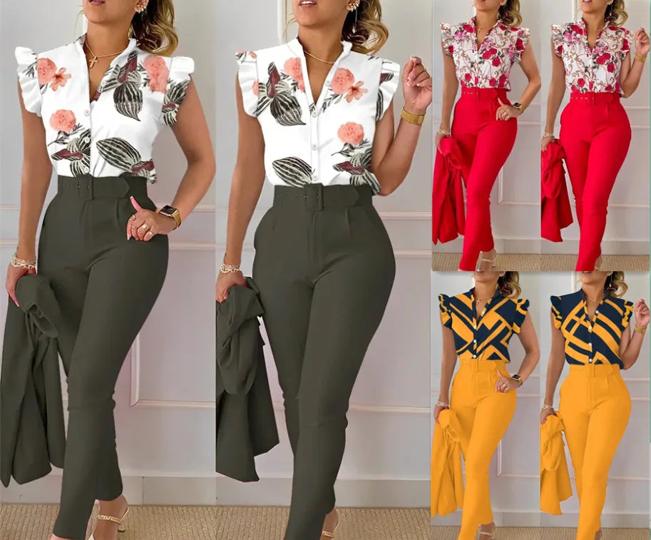 Womens Elegant Slim Two-Piece Sets Summer Fashion Print V Neck Button Flying Sleeve Shirt Top & Solid Long Pants Suits With Belt