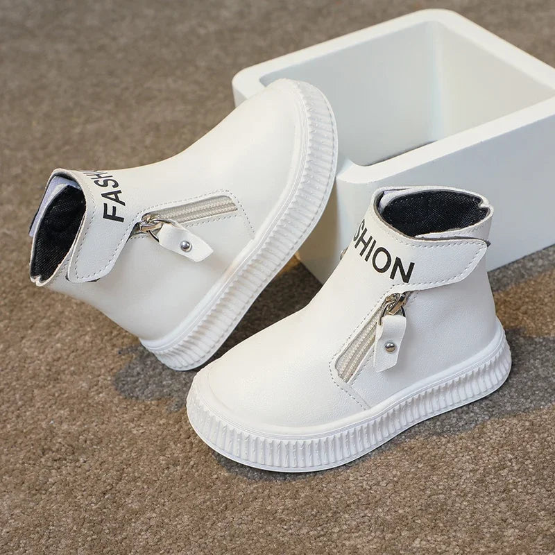 Children Fashion Boots Side Zipper Round-toe Kids Sport Boots Classic Solid Color Non-slip Boys Girls Leather Boots 2025 New
