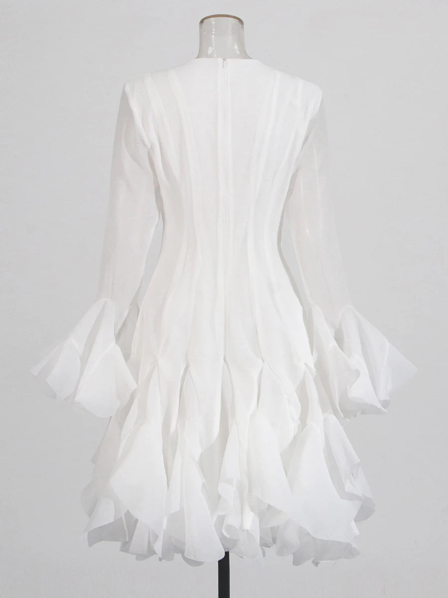 Girl's Dress Irregular Pleated Patchwork Fashion Long Lantern Sleeve Waist Cinching Mini Dress 2025 New