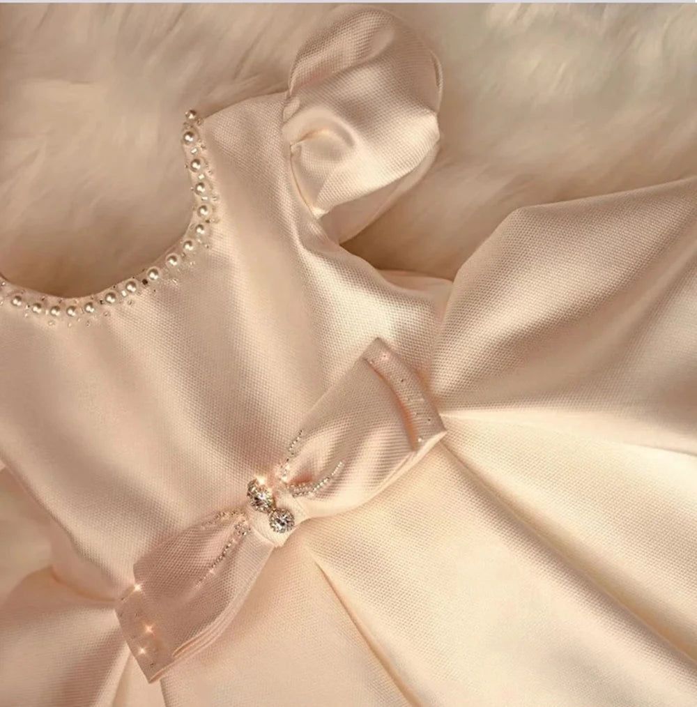 HETISO Baby Dresses for Wedding Pearl Necklace Girl Kid's Dress White Toddler Clothes Elegant Birthday Gown 1-8 Years