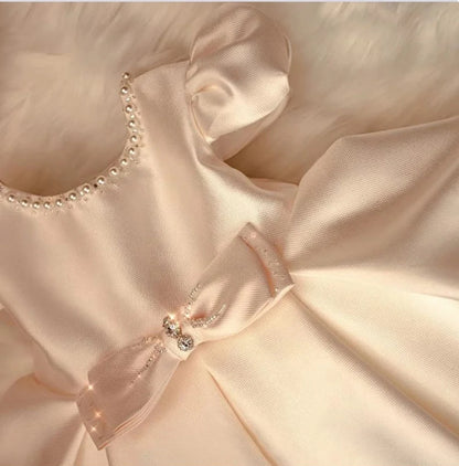 HETISO Baby Dresses for Wedding Pearl Necklace Girl Kid's Dress White Toddler Clothes Elegant Birthday Gown 1-8 Years