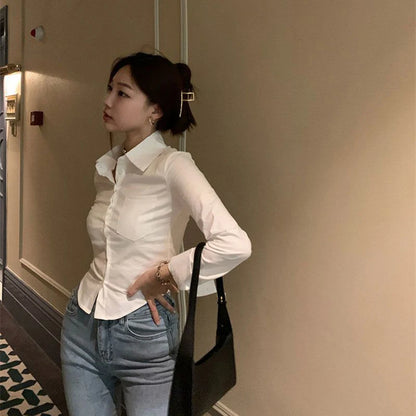 Korean White Office Women Chiffon Shirt Pocket Button Lapel Ladies Blouse Spring Commuter Long Sleeve New Female Crop Tops