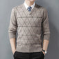 Men's Sweater Fashion Solid Color Warm Sweater Business Casual Heart Neckline Sweater Pullover Men