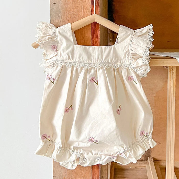 Newborn Baby Girls Jumpsuit Flying Sleeve Cotton Flower Embroidery Toddler Baby Girl Bodysuits Baby Girls Clothes For Summer