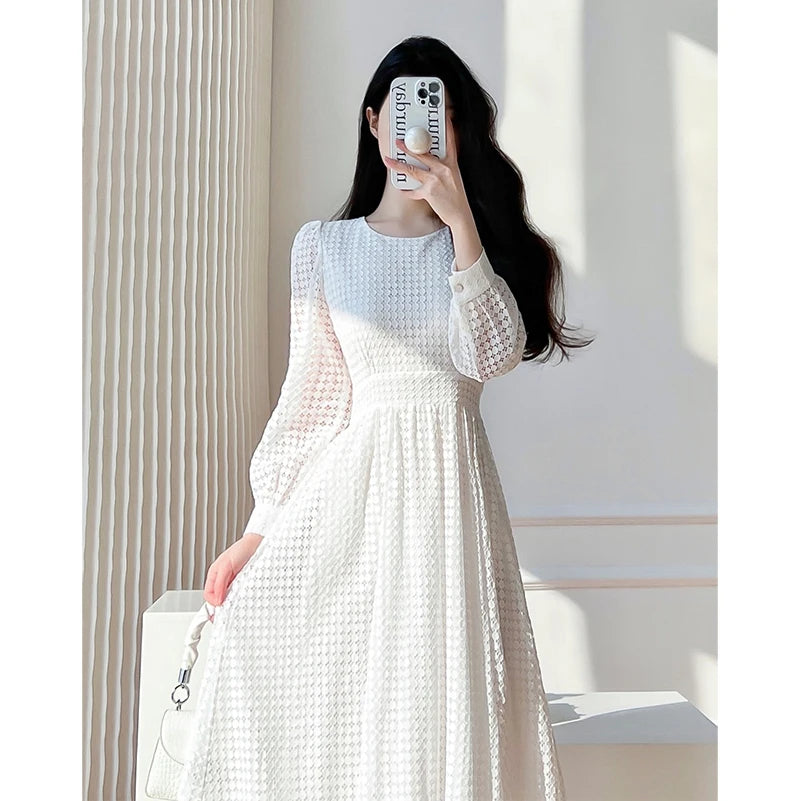 Lace Long Sleeves White Midi Dresses for Women 2025 New Autumn French Elegant Fashion Evening Wedding Party Robe Female Clothing