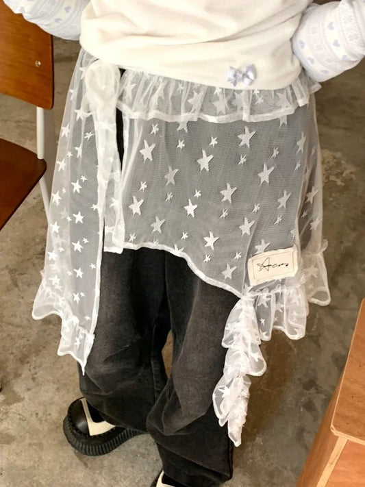 Fashion Star Gauze Sweet Irregular Chic Women Skirts Japanese Y2k Aesthetic Split Skirt Vintage Casual Lace Ruffled Fairy Faldas