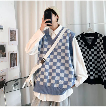 Men Knitted V Neck Japanese Vintage Loose Sleeveless Plaid Vests Chic Pullovers Chaleco Hombre Blue Checkerboard Sweater Vest