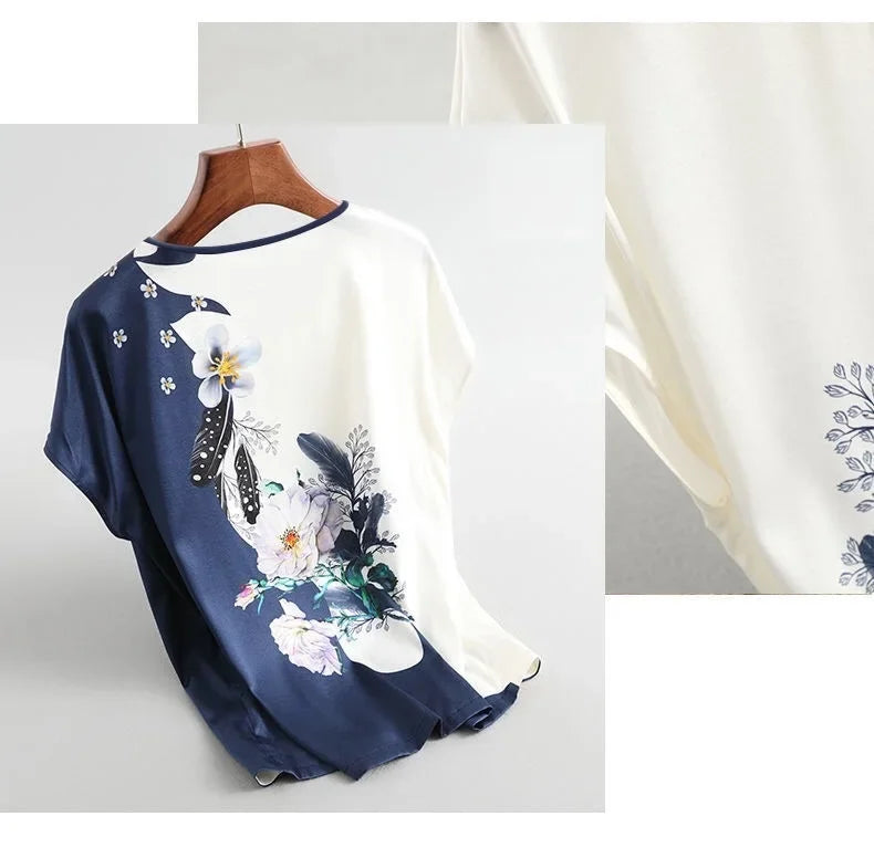 Plus Size Women Silk Satin Blouses Spring Summer Floral Printing Blouse Female Fashion Shirt Tops