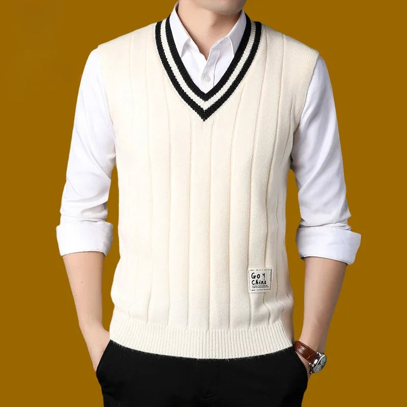 Men's Clothing Icon Knit Sweater Male Sleeveless Striped Waistcoat Vest Beige Heated Korean Style High Quality Replica Street X