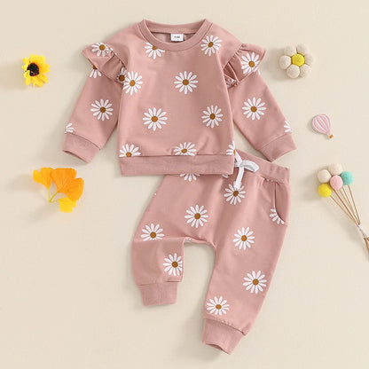 2025 Lorrainian Toddler Girl Fall Outfit Daisy Print Long Sleeve Sweatshirt with Elastic Waist Pants 2 Pcs Set