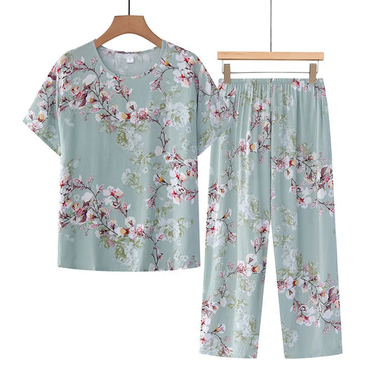 Korean Reviews Many Pajamas Set Summer Women 2 Piece Set Outfit Thin Grandma Pajama Sets Big Size Pajama Printing Home Wear