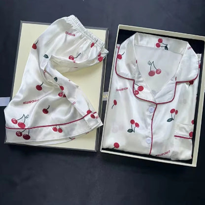 Cherries Print Two Pieces Pajamas Set Summer Faux Stain Pajamas Fashion Home Clothes Ladies Casual Shorts and Top Set Pyjamas