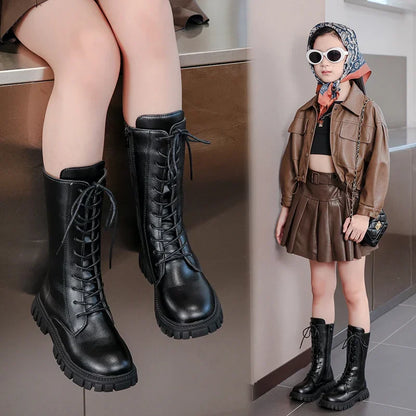 Autumn/Winter ZIP Fashion Cool Baby Girls Warm Square Heel Round Toe Casual Lace-Up Comfortable Kids Black Mid Boots