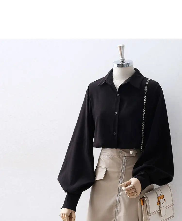 Lantern Sleeves Vintage Shirts Women Elegant White Women's Blouse with Lush Sleeves 2025 Fashion Button Up Shirt Black dropship