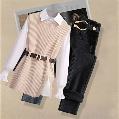 2025 Autumn Increased Size Korean Popular Chiffon Shirt Knitted Sweater Jeans Three Piece Elegant Women's Pants Set Tracksuit