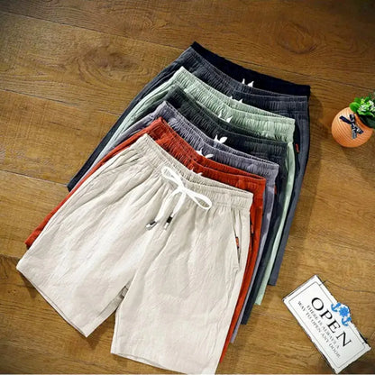 New Men's Cotton Linen Shorts Pants Male Summer Breathable Solid Color Linen Trousers Fitness Streetwear Loose Lace up Bottoms