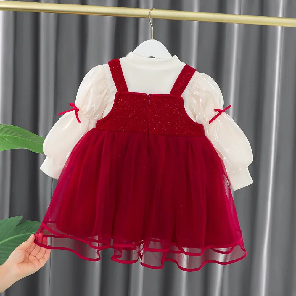 Toddler Baby Girls Dress Autumn  Winter Kids Red Christmas New Year Plush Warm Dress Infant Clothing Set Top+ skirt For 1-4 Years