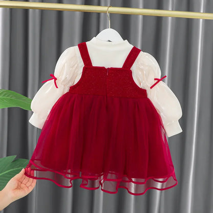 Toddler Baby Girls Dress Autumn  Winter Kids Red Christmas New Year Plush Warm Dress Infant Clothing Set Top+ skirt For 1-4 Years