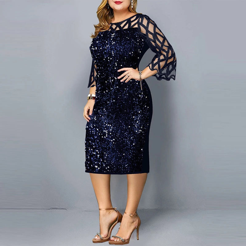 Elegant Sequin Plus Size 4XL 5XL Women Midi Dress Sexy Casual Evening Party Dress Gown Wedding Luxury Robe Rouge Vestidos