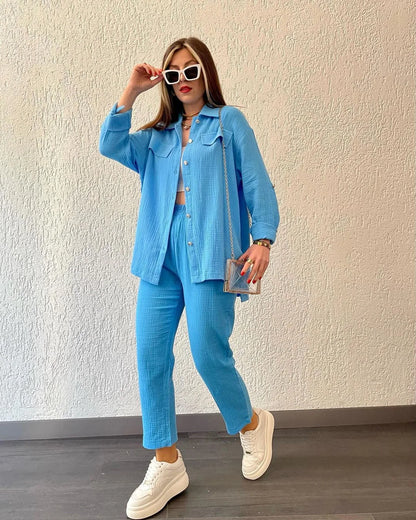 Summer outfits for women 2025 New Loose Button Long Sleeve Shirt and Cropped Pants Casual Sports Summer women's suit Pants Set