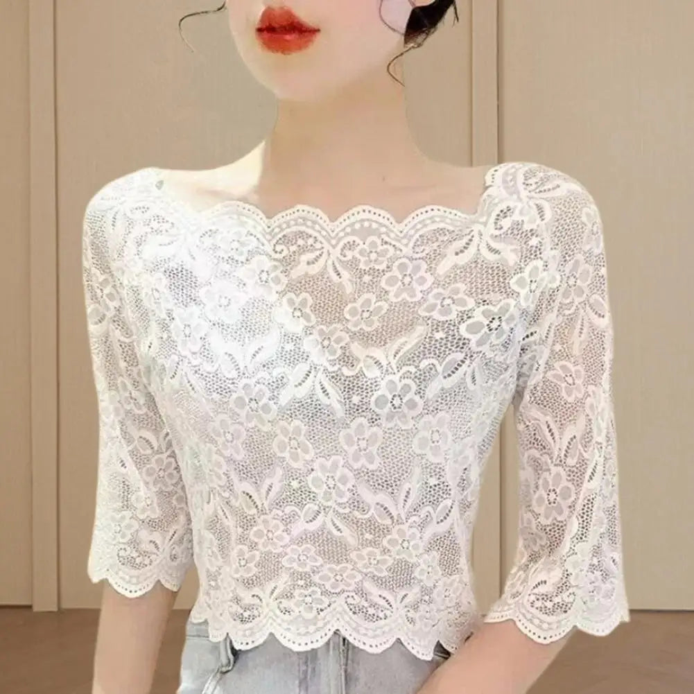 Women Lace Tops Summer Cropped Tops One-word Collar Half Sleeve Blouse Floral Plaid Sheer Sexy Top Embroidery Lace Pullover Tops