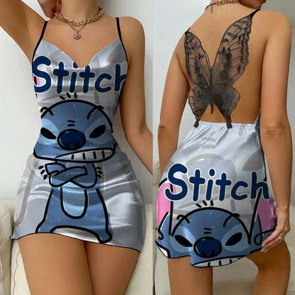 Bow Knot Party Dresses Mini Dress Disney Stitch Pajama Skirt Satin Surface Women's Fashion Summer 2025 Sexy Lace Backless Disney