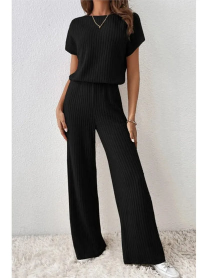 Women Spring Autumn New Collection Solid Color Fine Pit Strip Fashion Shoulder Short Sleeve Knitted Set Top Pants Two Piece Set