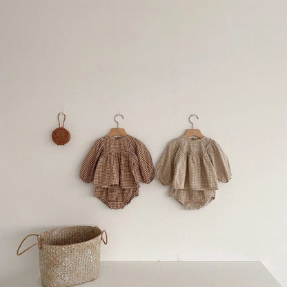 Spring Toddler Baby Girls Set Cotton Plaid Blouse and Shorts Sets for Kids Infant Outfits