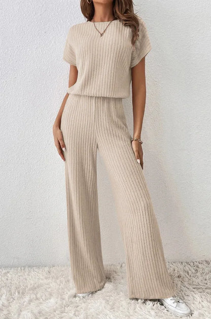 Women Spring Autumn New Collection Solid Color Fine Pit Strip Fashion Shoulder Short Sleeve Knitted Set Top Pants Two Piece Set