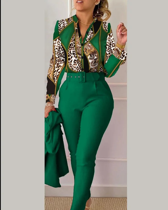 Elegant Women Printed Two Piece Suit Sets Spring Autumn V Neck Long Sleeve Shirt Top & Long Pants Set With Belt Workwear Outfits