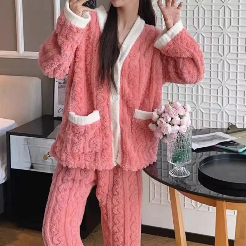2pcs/Set Autumn And Winter Pajamas Women Thickened Padded Warm Students Coral Girls Clot Velvet Suit Home wear Cardigan Trousers