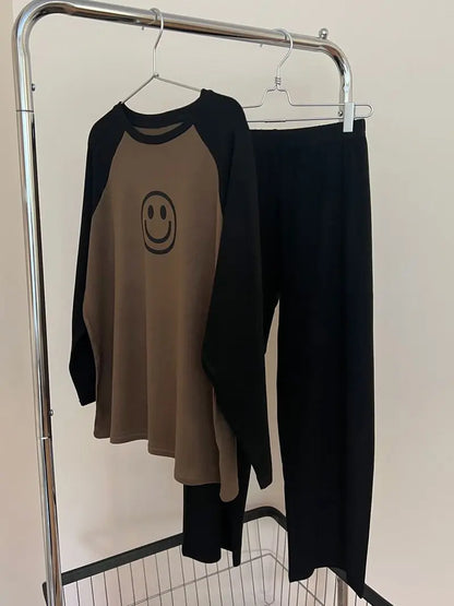 Women Spring Autumn Pajamas Set Female Solid Long-sleeved Pant Home Clothing Simple Loose Casual Smile Face Print Sleepwear XXL