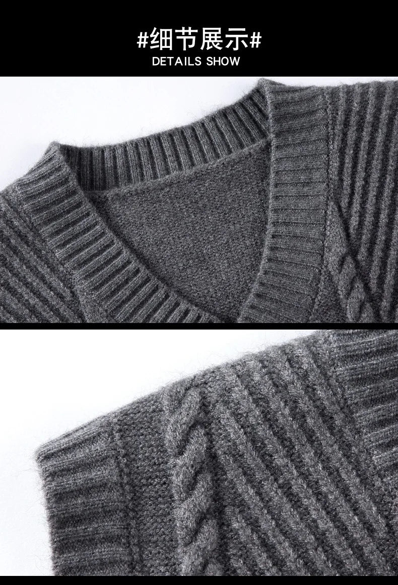 Stylish V-neck Jacquard Knit Sleeveless Sweater Vest for Men Middle-aged Men Fashion Solid Color Warm Top