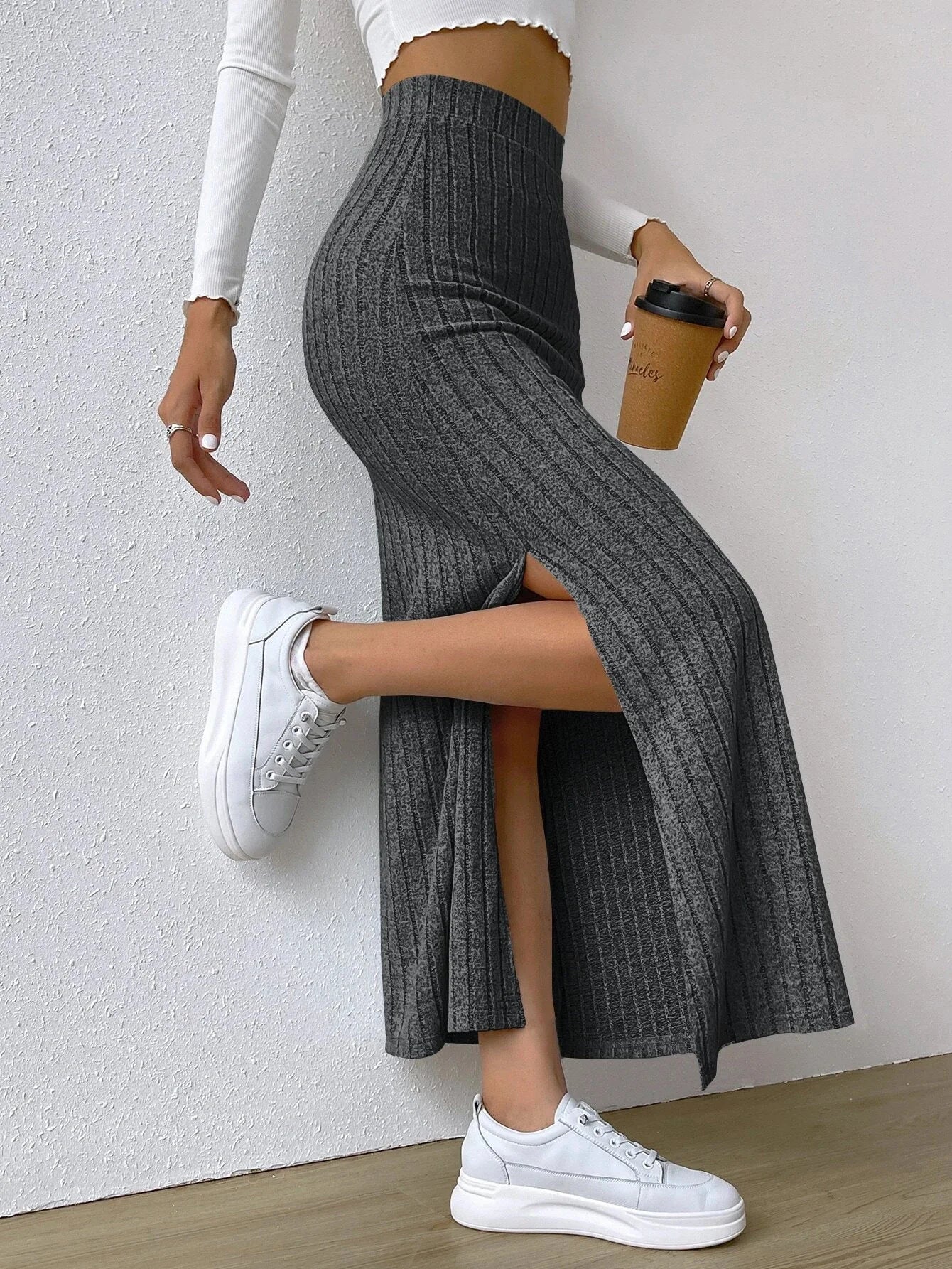 Women's Slit Knitted Skirt 2025 New Solid Color Hip-covering High Waist Side Slim Long Skirt Women's Skirt
