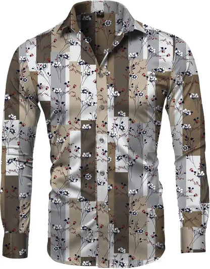 Fashion Irregular Plaid Flower Print Men's Long Sleeve Shirt Casual Party Street Hawaiian Polo Collar Shirt