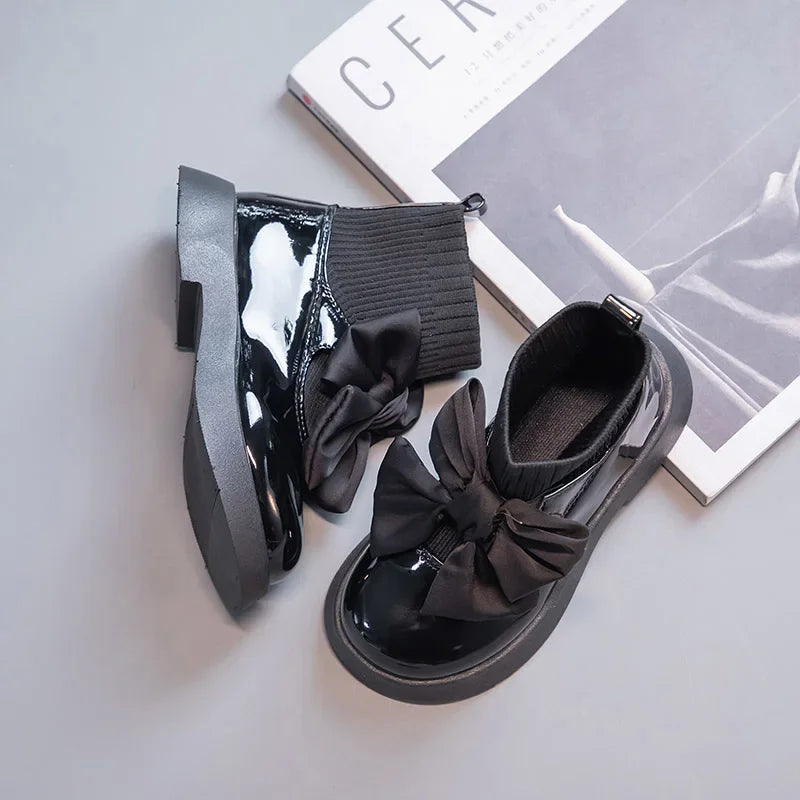Children's Boots Fashion PU Solid Black Bow Girls Uniform 2025 Spring and Autumn New Kids Fashion Flying Knit School Socks Shoes