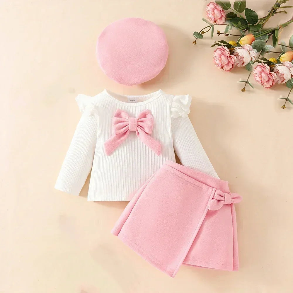 Baby Girls Clothes New Year Set 0-3Y Long Sleeve Big Bow Top Irregular Skirt and Beret 3Pcs Toddler Christmas Clothes