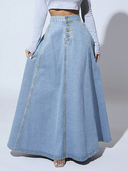 Denim Skirts Women Long Skirt A Line Single Breasted High Waist Jeans Vintage Maxi Simple Casual Elegant Splice Y2k Streetwear