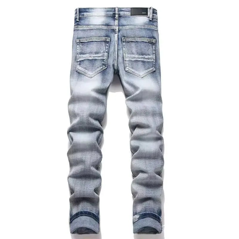2025 New Punk Men Black Blue Letter Embroidery Jeans Streetwear Holes Ripped Denim Pants Men's Hip Hop Slim Jean Hombre Trousers