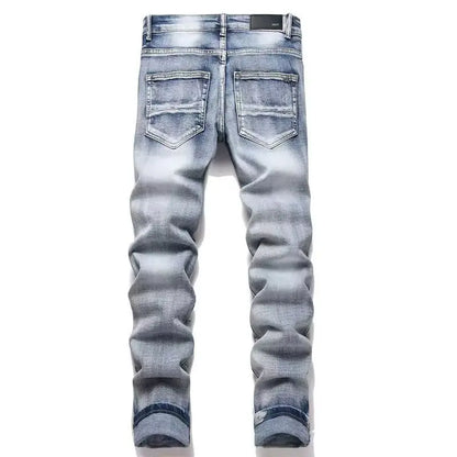 2025 New Punk Men Black Blue Letter Embroidery Jeans Streetwear Holes Ripped Denim Pants Men's Hip Hop Slim Jean Hombre Trousers