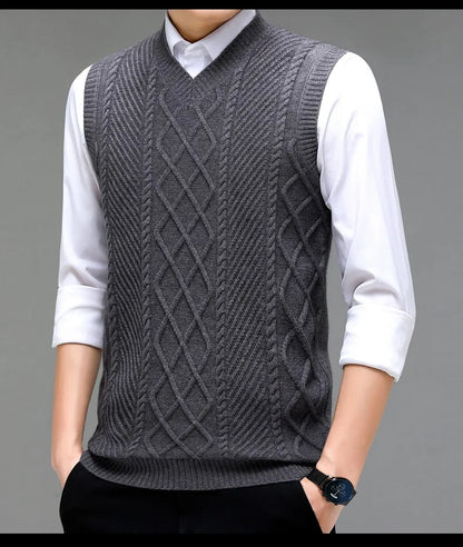 Stylish V-neck Jacquard Knit Sleeveless Sweater Vest for Men Middle-aged Men Fashion Solid Color Warm Top