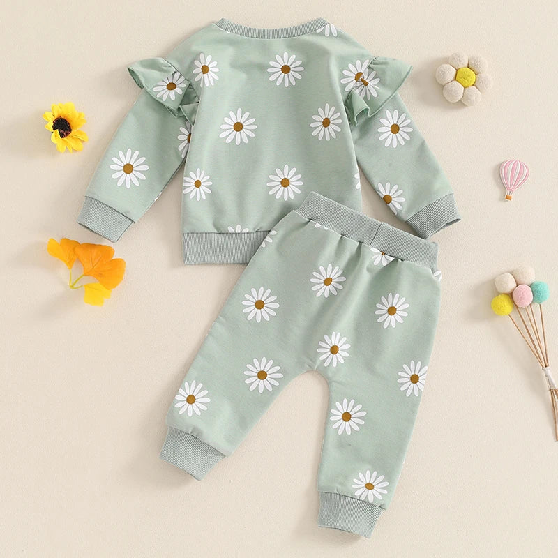 2025 Lorrainian Toddler Girl Fall Outfit Daisy Print Long Sleeve Sweatshirt with Elastic Waist Pants 2 Pcs Set