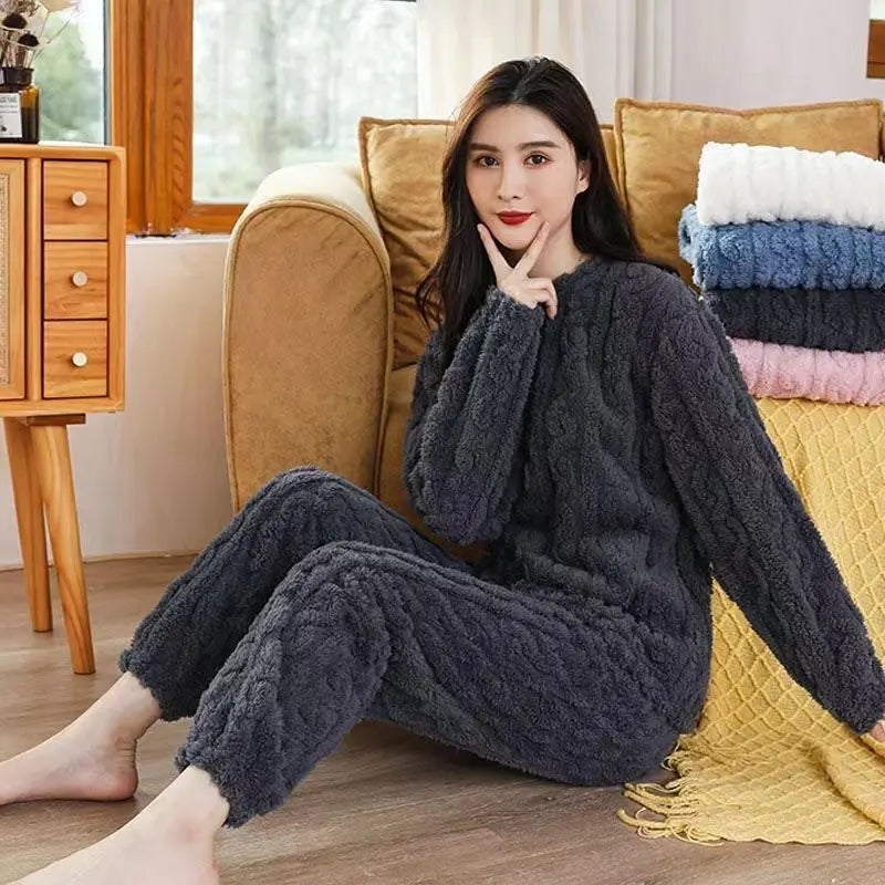 Fleece Women Pajamas Set Winter Sleepwear Solid Velvet 2 Piece Pant Home Suit Fluffy Casual Pajama Warm O-neck Night Wear