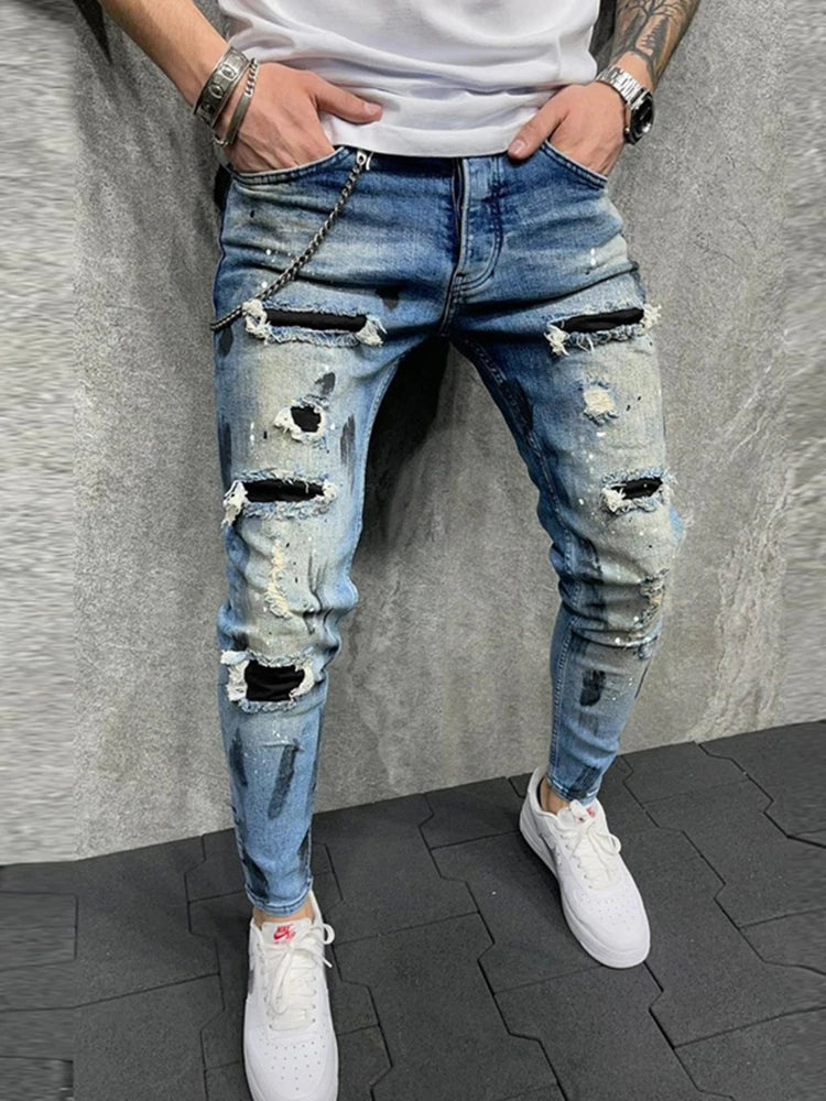 Men's Stretchy Ripped Skinny Embroidered Jeans Men's White Pants Destroyed Hole Slim Fit Denim High Quality Hip Hop Men trousers
