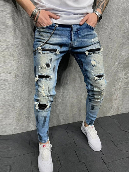 Men's Stretchy Ripped Skinny Embroidered Jeans Men's White Pants Destroyed Hole Slim Fit Denim High Quality Hip Hop Men trousers