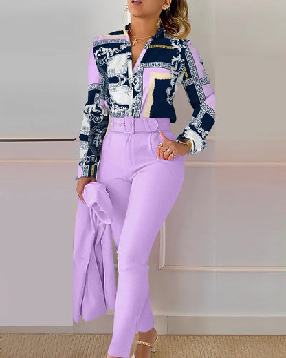 Elegant Women Printed Two Piece Suit Sets Spring Autumn V Neck Long Sleeve Shirt Top & Long Pants Set With Belt Workwear Outfits