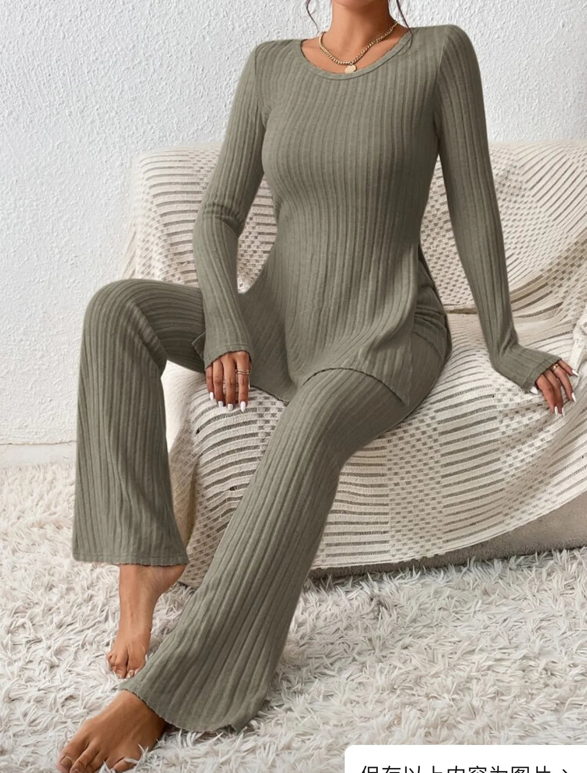 Autumn Winter Women's Clothing New Style Solid Color Sexy Casual Long Sleeved Round Neck Slit Fashion Temperament Two-piece Set