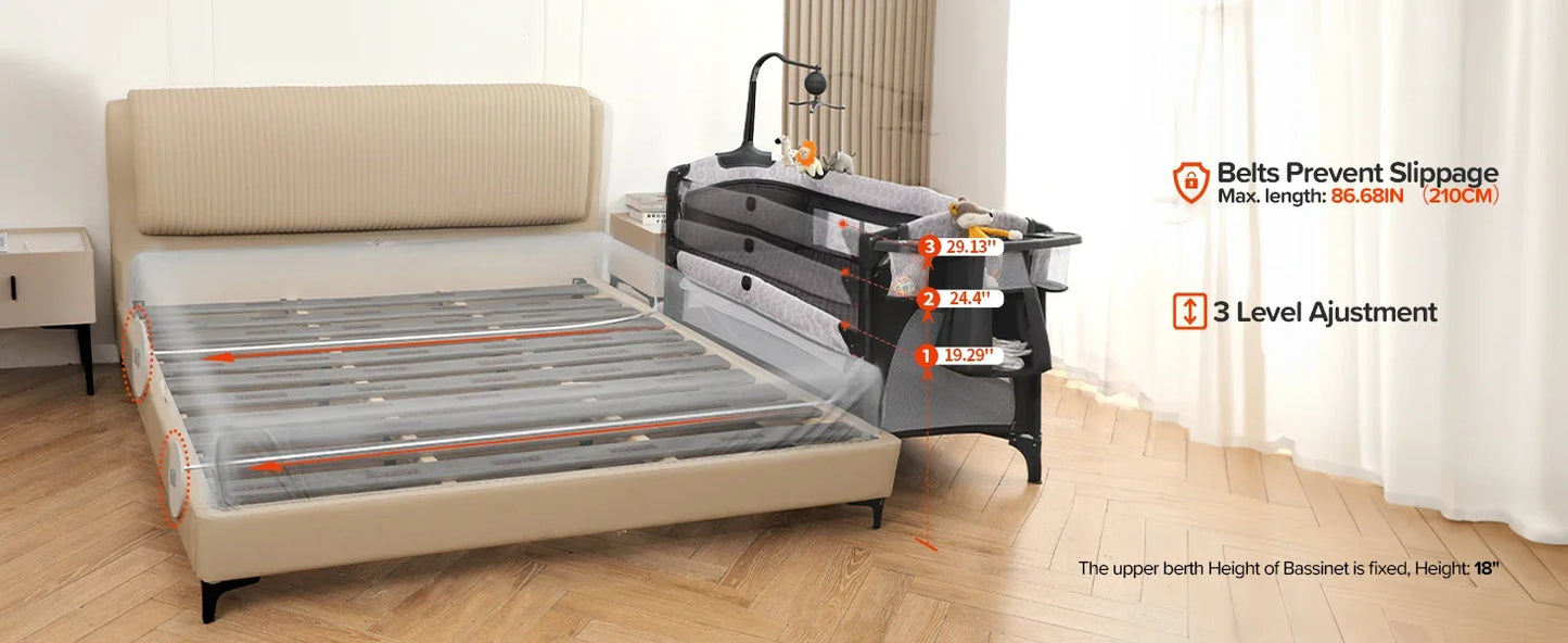 4 in 1 Wide Baby Bassinet Bedside with Diaper Changer, Long Next to Bed Crib with Mattress, Sheet, Music and Blackout Cover, Playpen