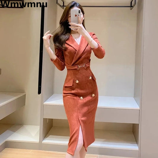 Office Lady Sexy Slim Blazer Dress Women Spring Korean Notched Collar Split Evening Party Dresses Elegant Midi Vestido De Fiest